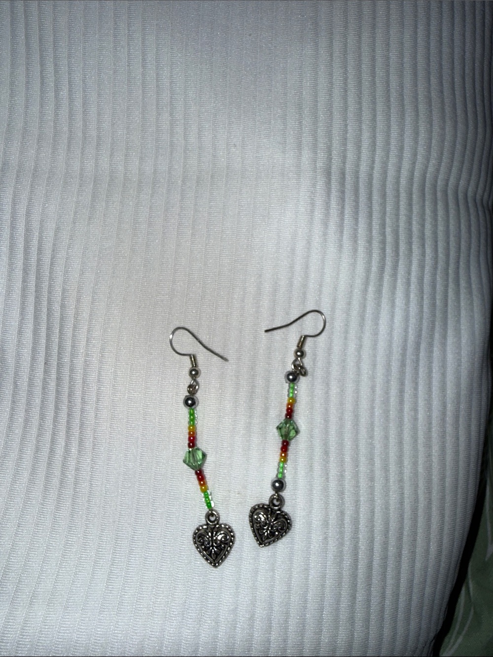 Green Beaded Heart Dangle Earrings with Silver Hearts